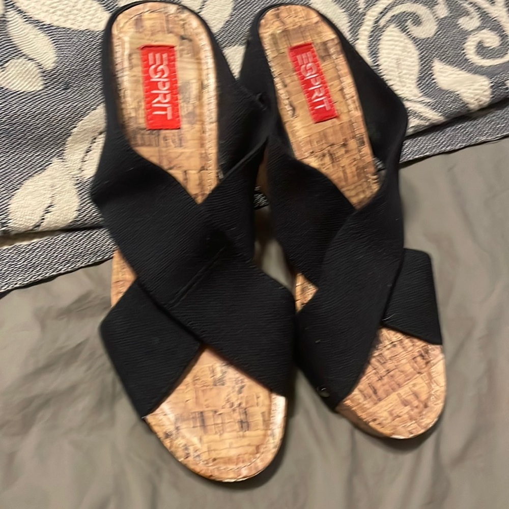 Black ESPRIT slide-on wedge clogs